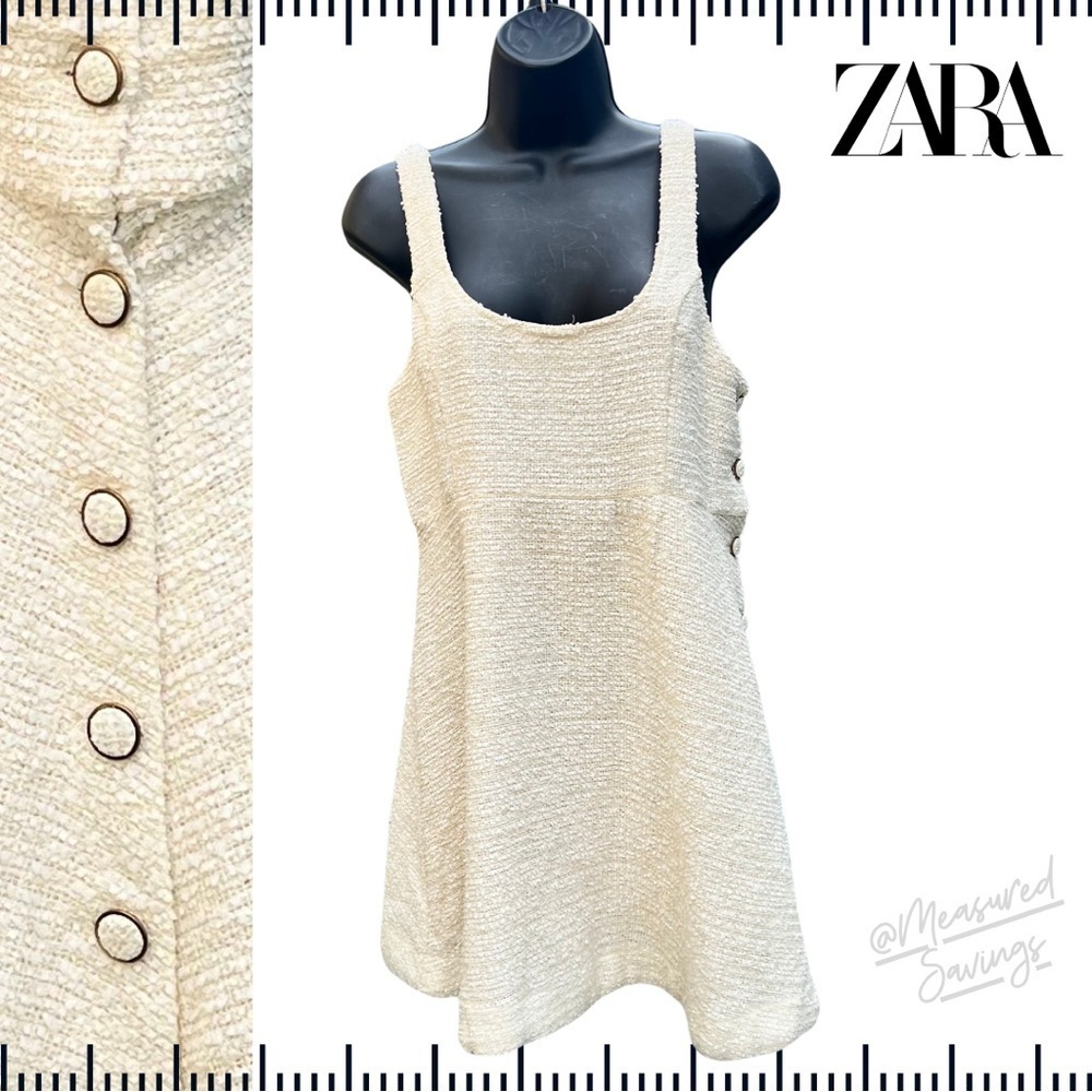 Zara [NWOT - Medium] Ivory/White Tweed Boucle Button Mini Dress by ZARA